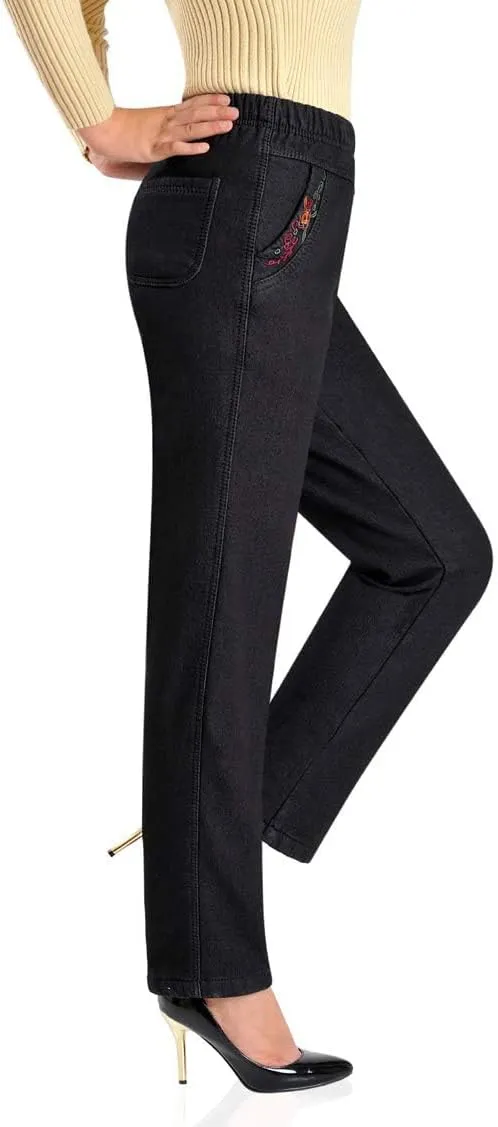 IDEALSANXUN Women’s Fleece Lined Jeans Elastic Waist Loose Straight Leg Jeans