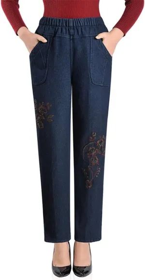 IDEALSANXUN Women’s Fleece Lined Jeans Elastic Waist Loose Straight Leg Jeans