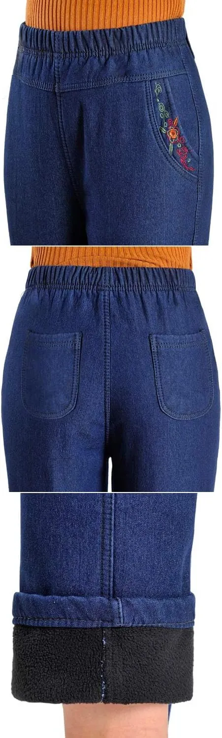 IDEALSANXUN Women’s Fleece Lined Jeans Elastic Waist Loose Straight Leg Jeans