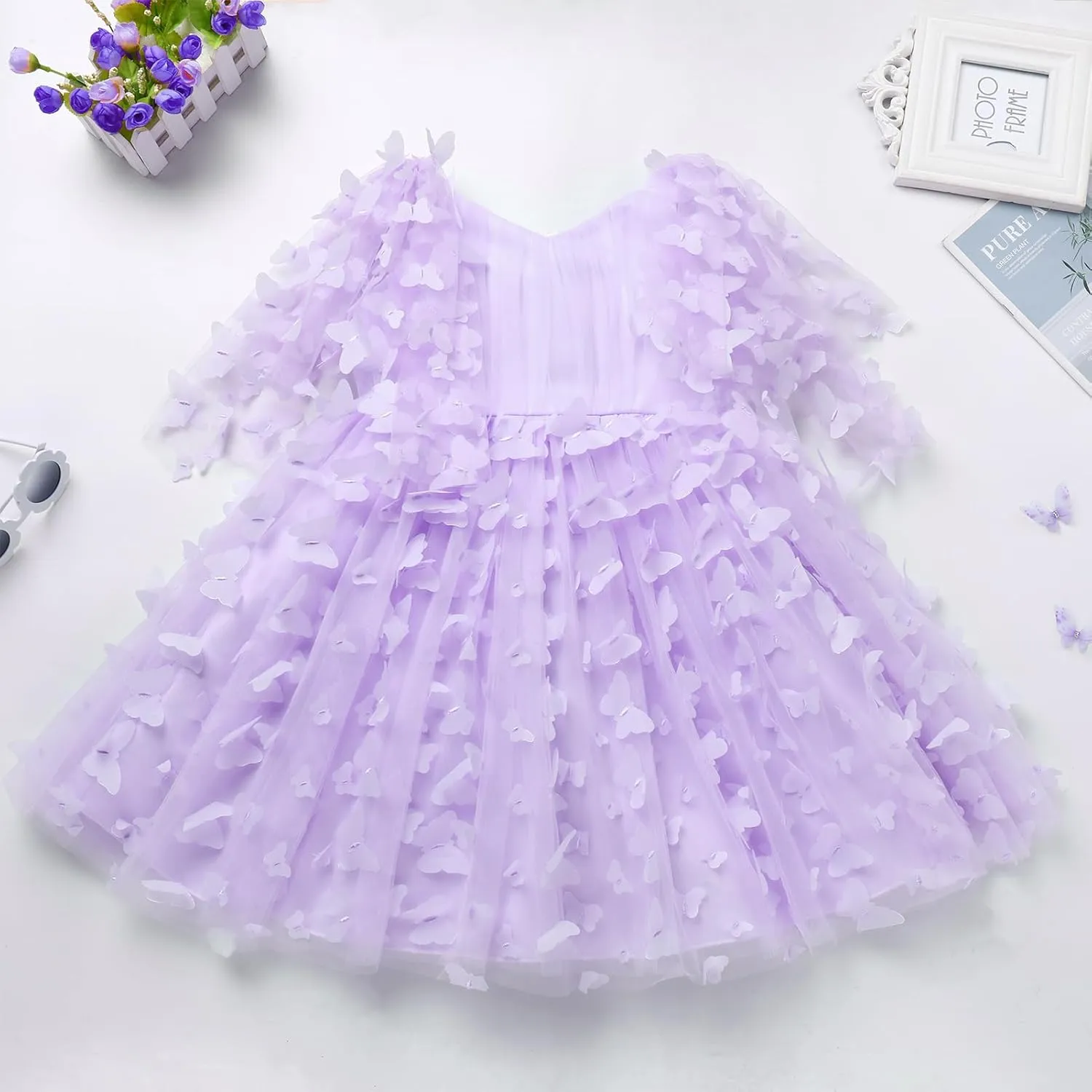 IDOPIP Flower Girl Butterfly Birthday Tutu Dress for Kids Baby Wedding Party Communion Dresses Princess Pageant Tulle Gowns