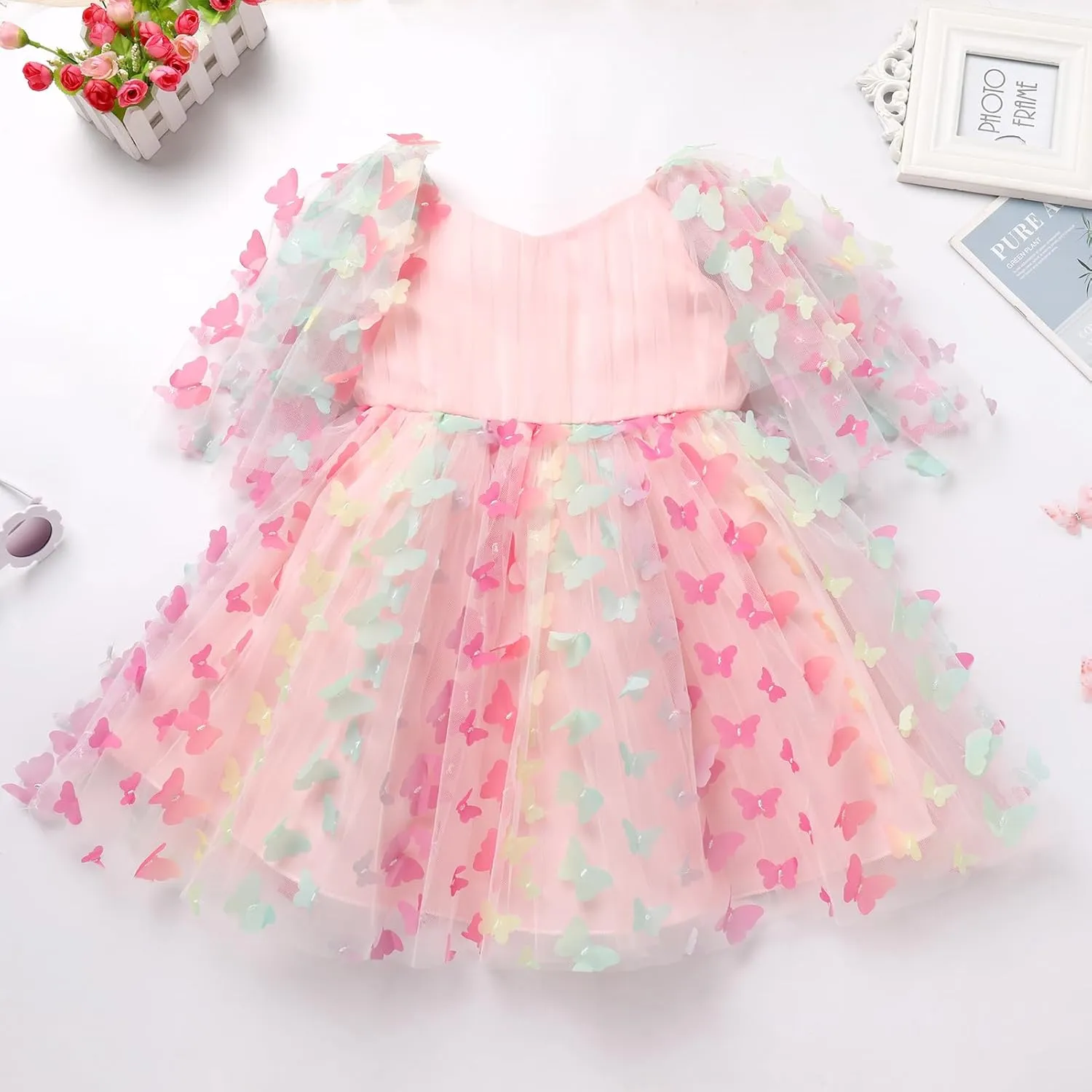 IDOPIP Flower Girl Butterfly Birthday Tutu Dress for Kids Baby Wedding Party Communion Dresses Princess Pageant Tulle Gowns