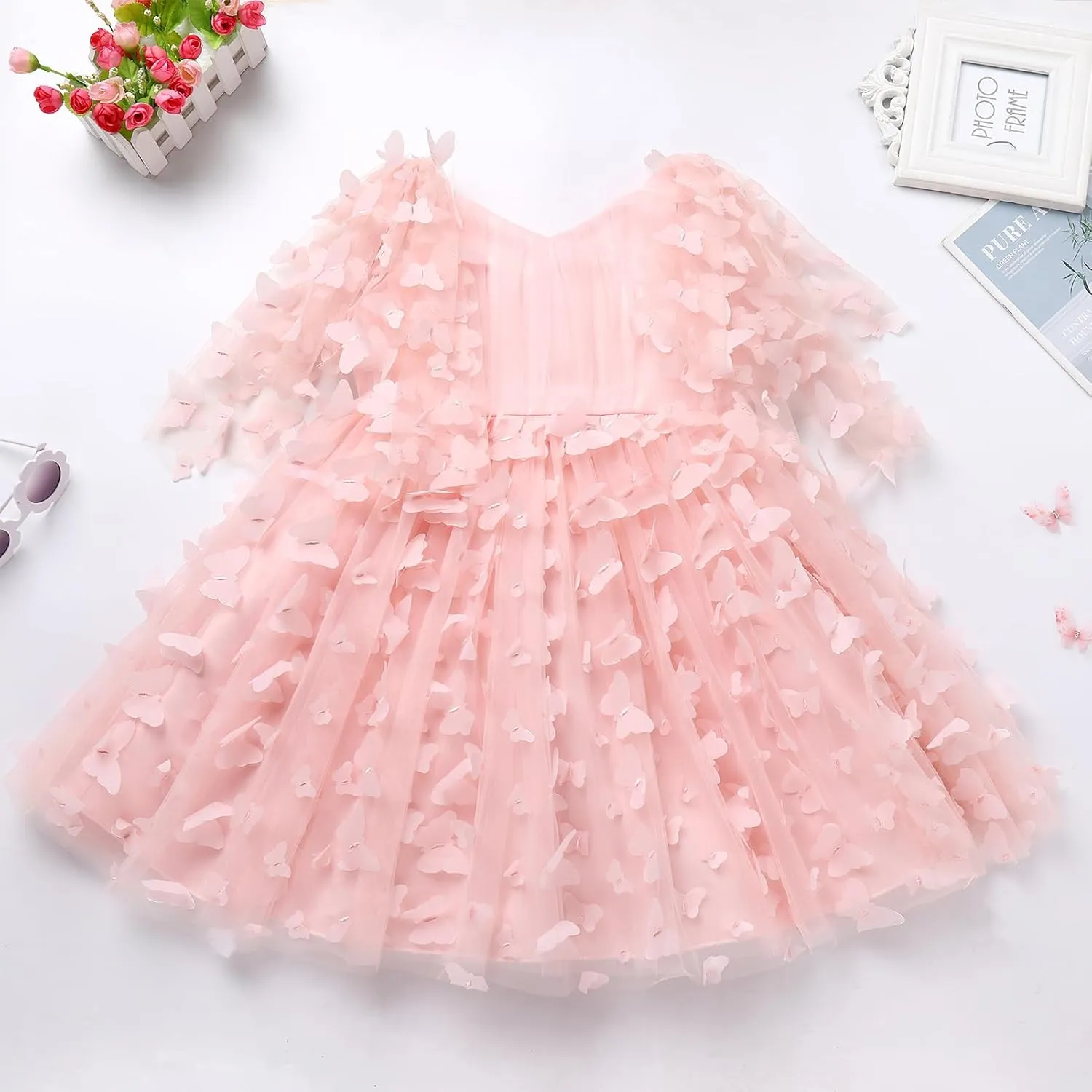 IDOPIP Flower Girl Butterfly Birthday Tutu Dress for Kids Baby Wedding Party Communion Dresses Princess Pageant Tulle Gowns