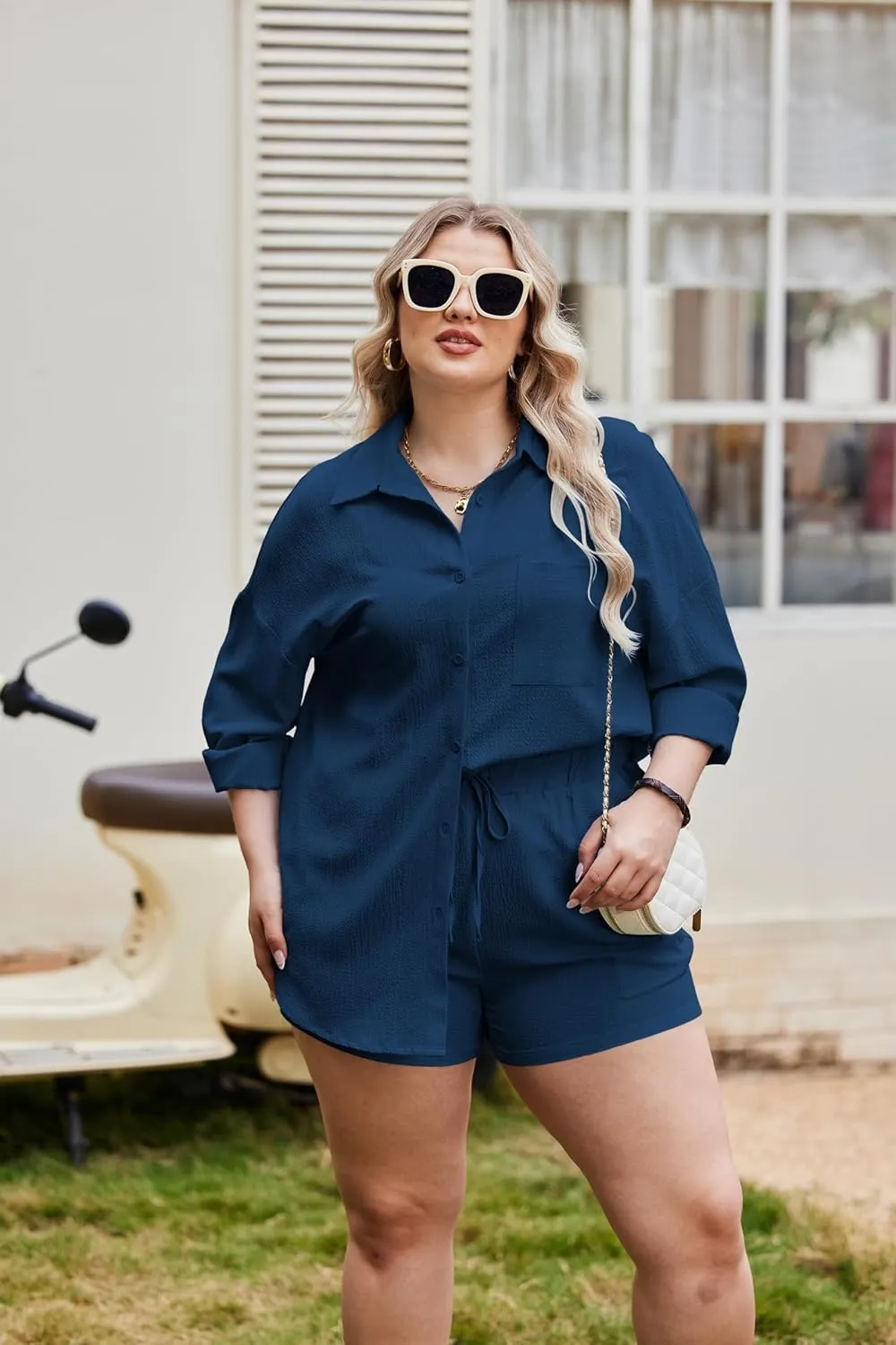 IN'VOLAND Women's Plus Size 2 Piece Tracksuit Outfits Sets Button Down Shirt Drawstring Shorts Set Summer Casual Tracksuits