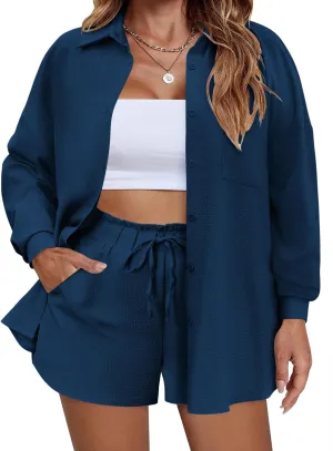 IN'VOLAND Women's Plus Size 2 Piece Tracksuit Outfits Sets Button Down Shirt Drawstring Shorts Set Summer Casual Tracksuits