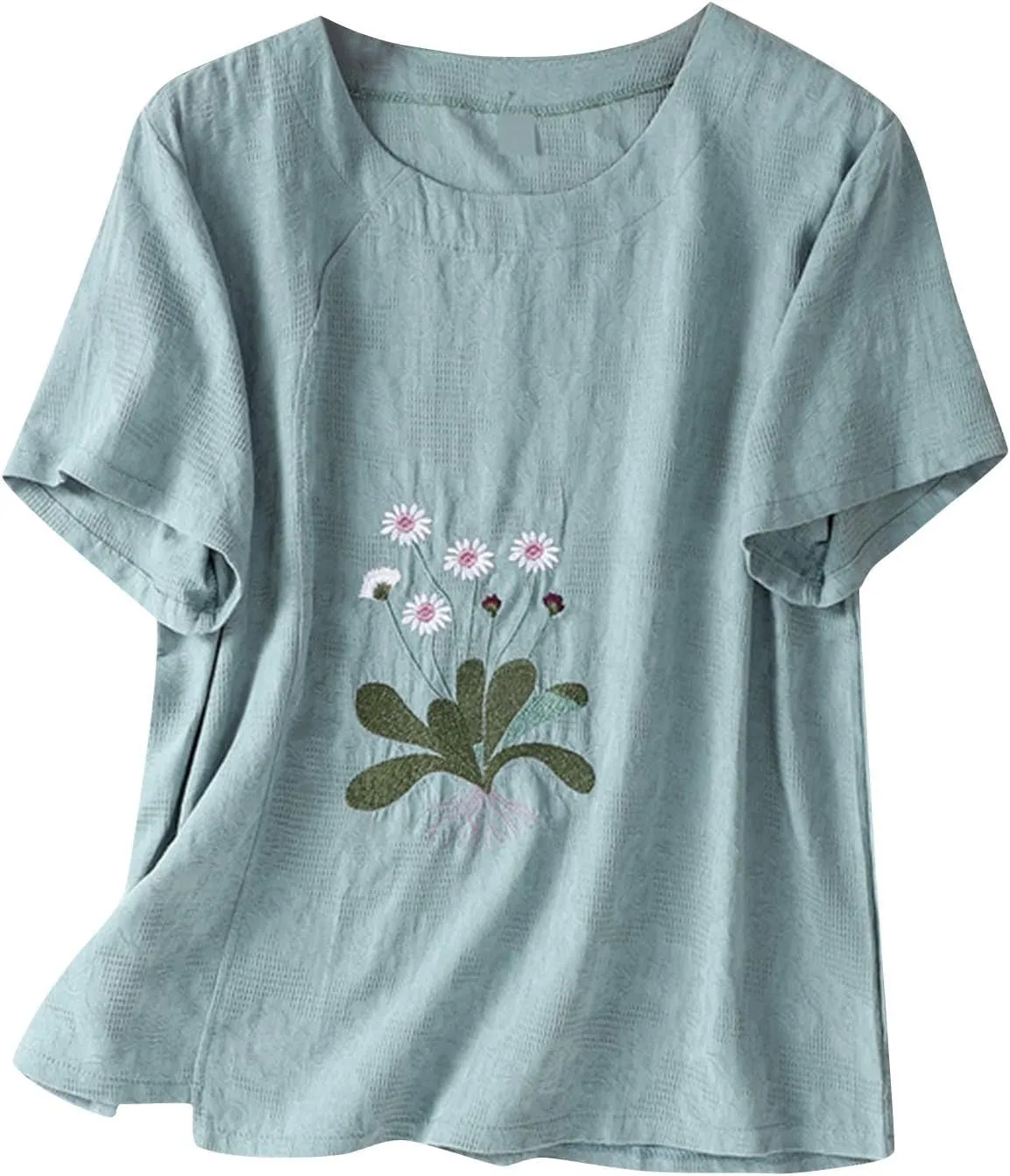 Jacquard Cotton Linen T-Shirts Women Embroidery Floral Vintage Tee Tops Summer Short Sleeve Crewneck Loose Blouses
