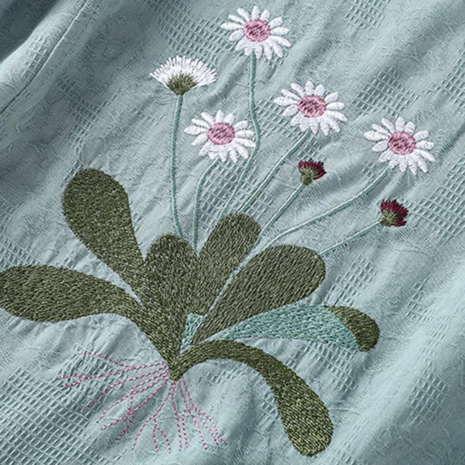 Jacquard Cotton Linen T-Shirts Women Embroidery Floral Vintage Tee Tops Summer Short Sleeve Crewneck Loose Blouses