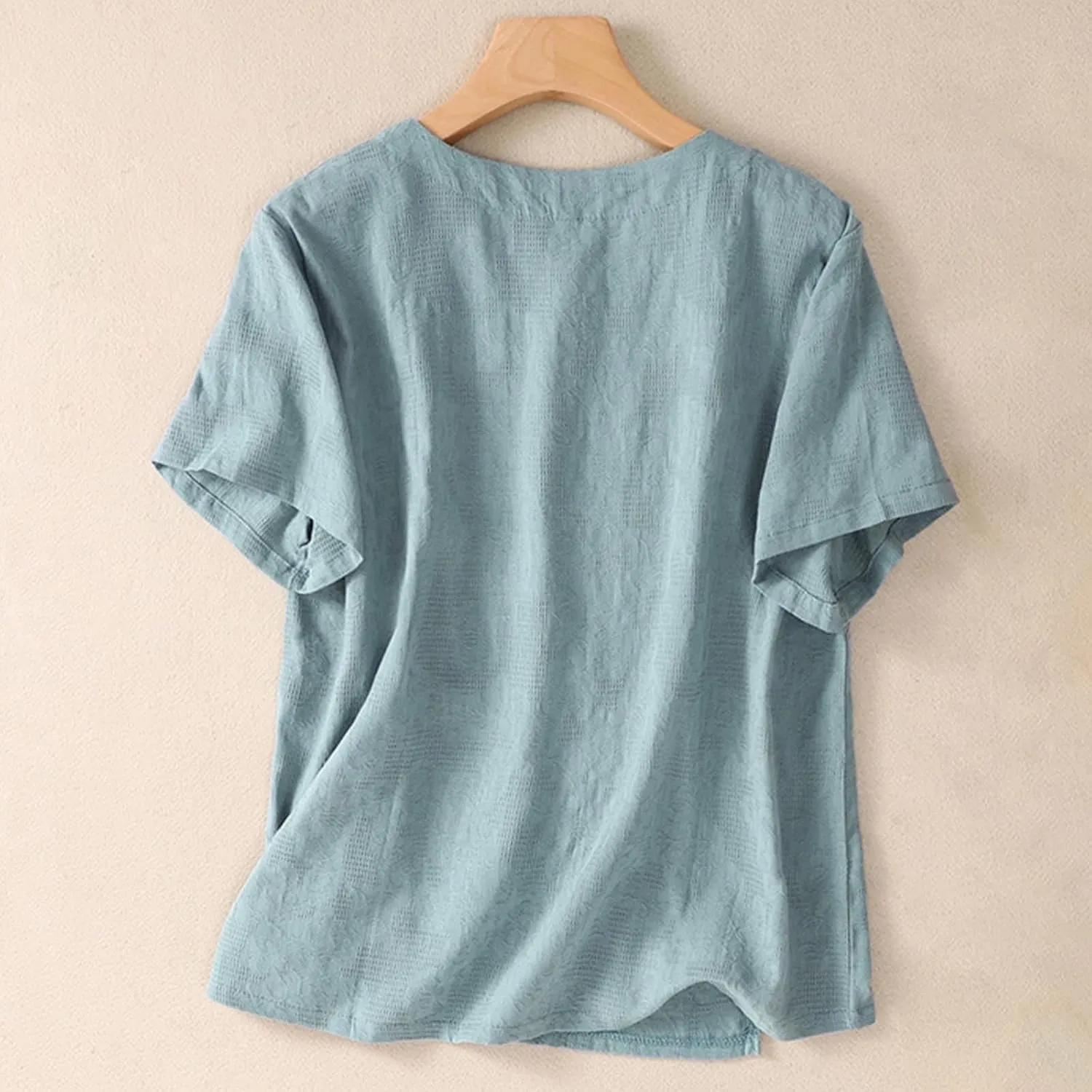Jacquard Cotton Linen T-Shirts Women Embroidery Floral Vintage Tee Tops Summer Short Sleeve Crewneck Loose Blouses