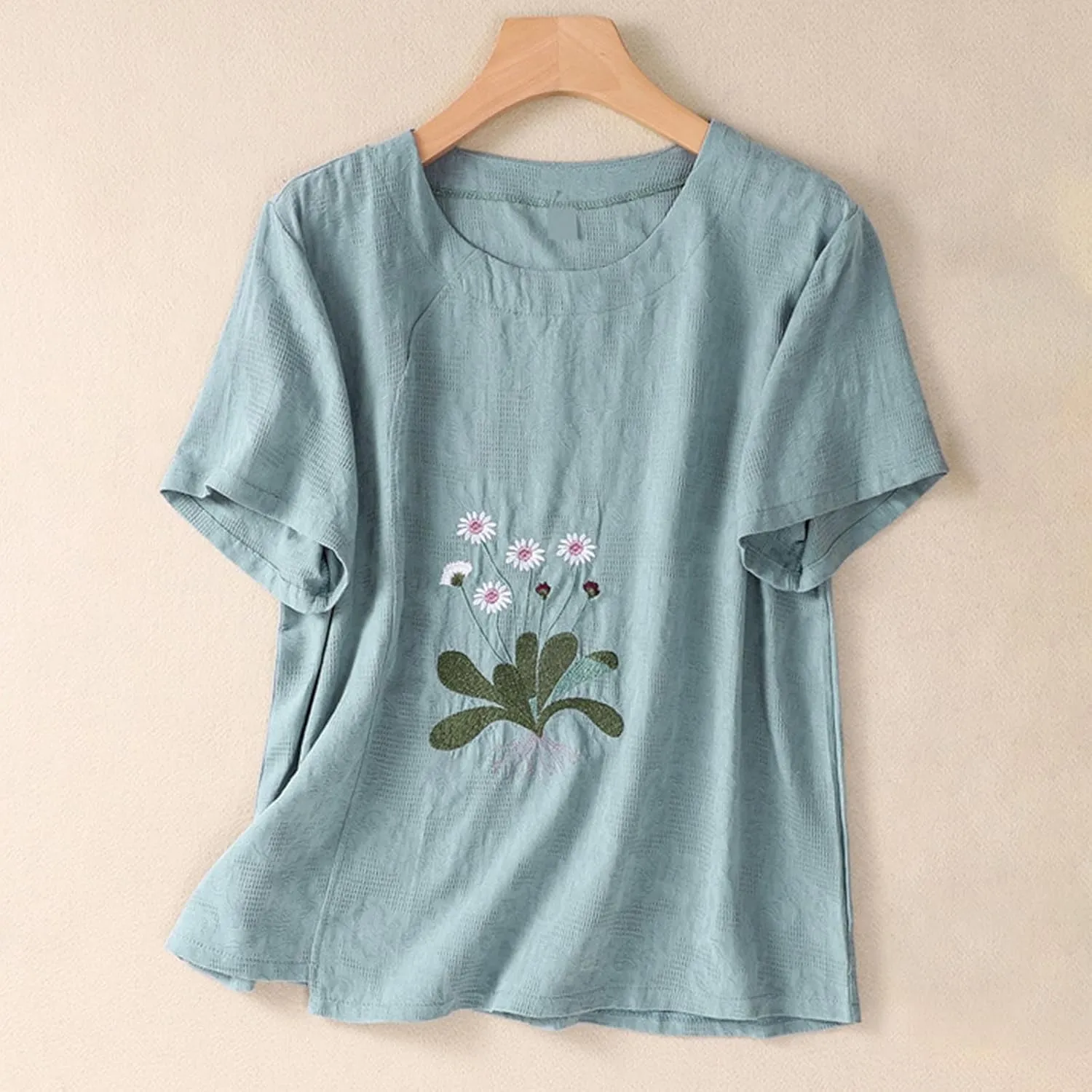 Jacquard Cotton Linen T-Shirts Women Embroidery Floral Vintage Tee Tops Summer Short Sleeve Crewneck Loose Blouses
