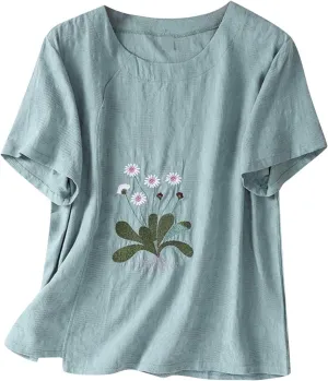Jacquard Cotton Linen T-Shirts Women Embroidery Floral Vintage Tee Tops Summer Short Sleeve Crewneck Loose Blouses