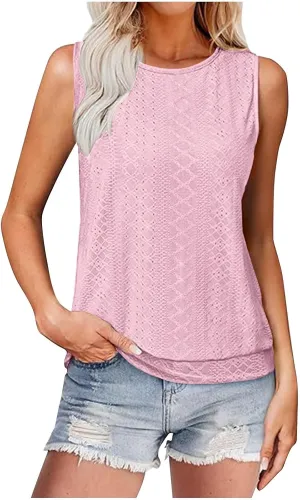 JOAU Womens Tank Tops Loose Casual Round Neck Sleeveless Summer Shirts Eyelet Embroidery Blouse Trendy Vacation Clothes 2025