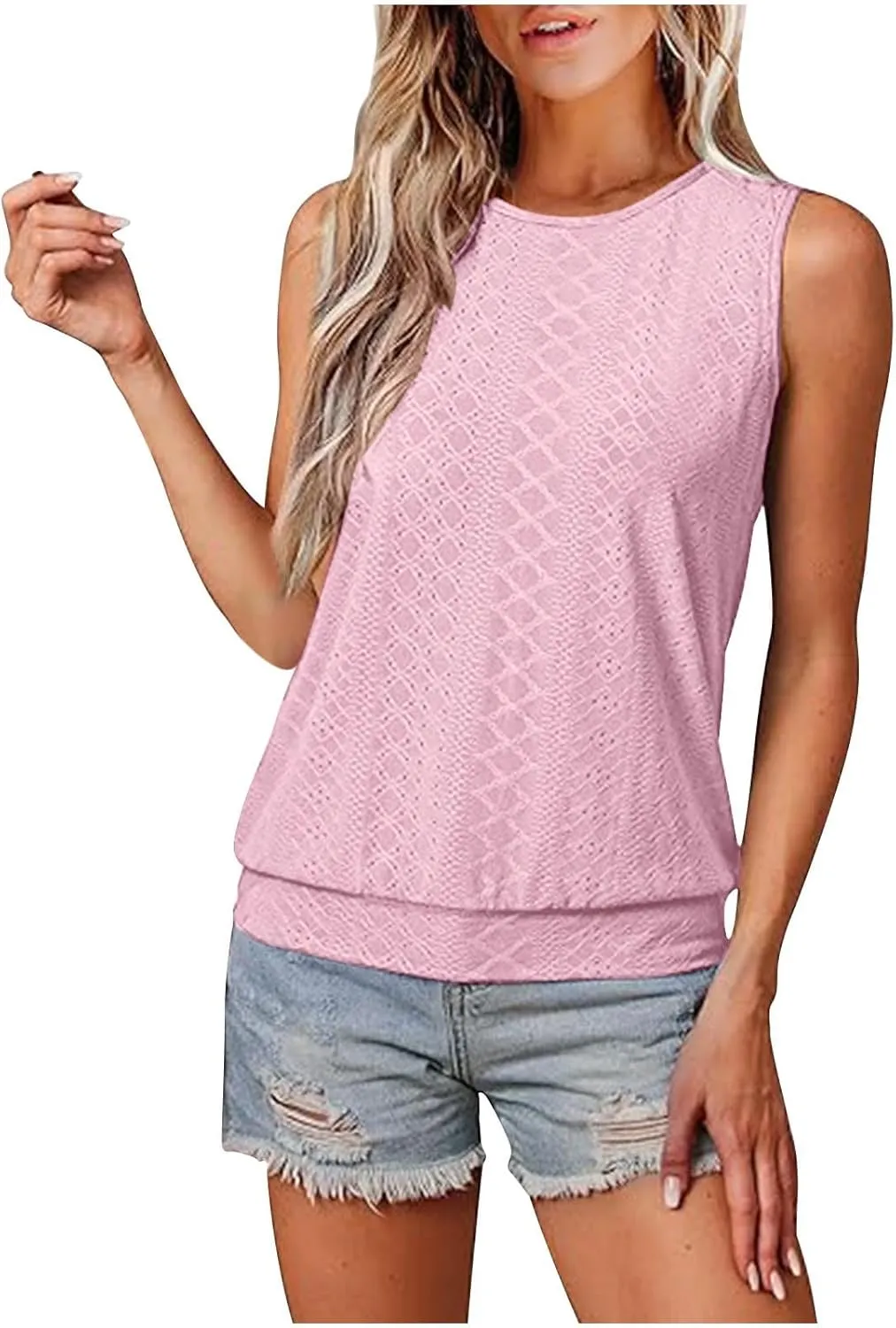 JOAU Womens Tank Tops Loose Casual Round Neck Sleeveless Summer Shirts Eyelet Embroidery Blouse Trendy Vacation Clothes 2025