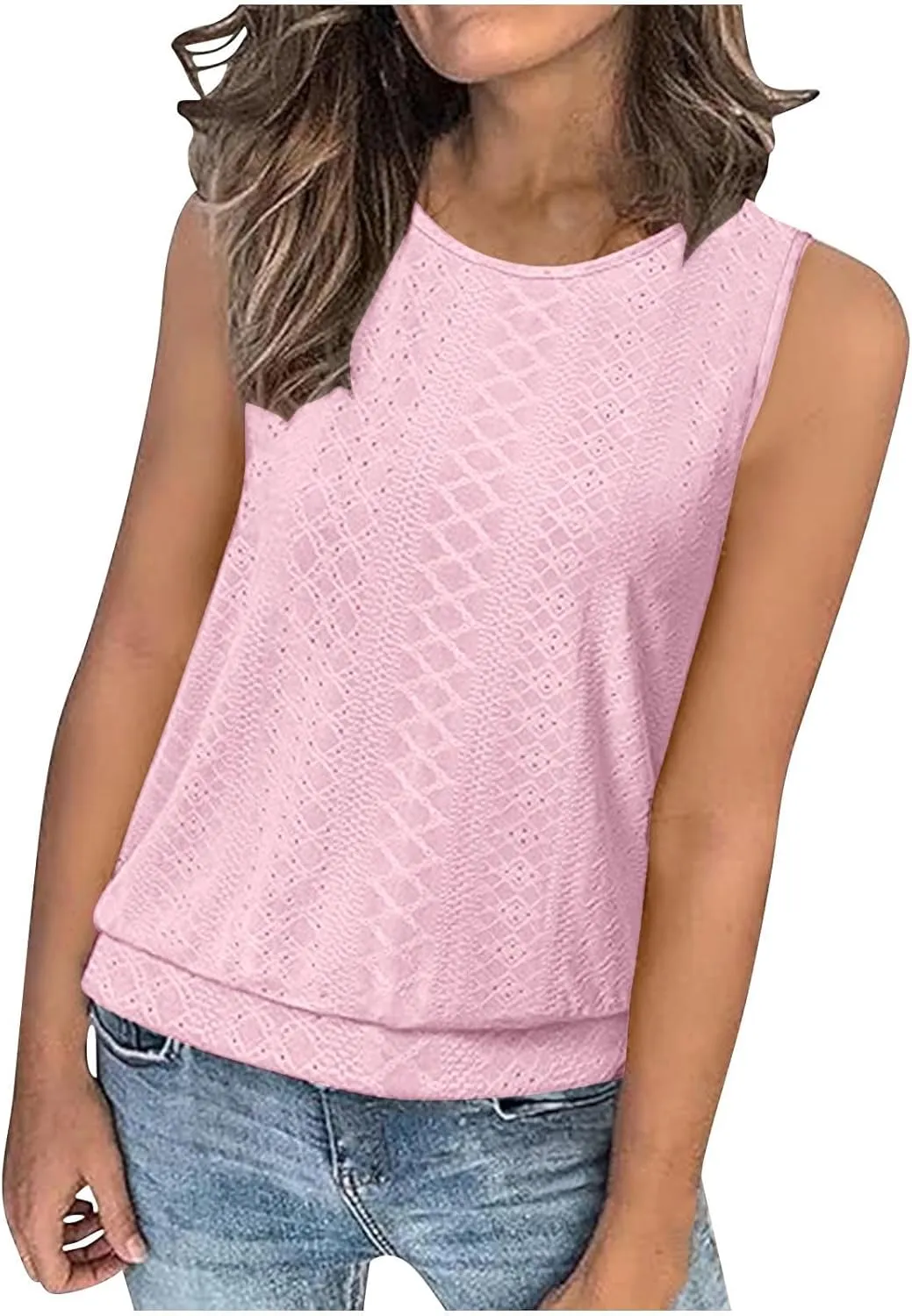 JOAU Womens Tank Tops Loose Casual Round Neck Sleeveless Summer Shirts Eyelet Embroidery Blouse Trendy Vacation Clothes 2025