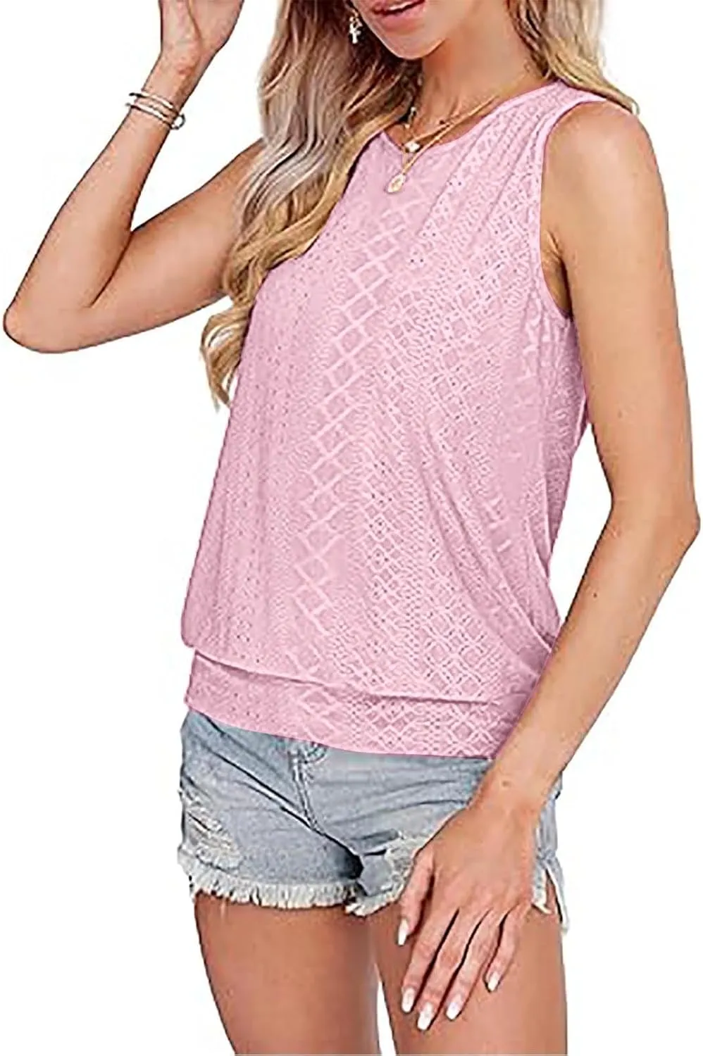 JOAU Womens Tank Tops Loose Casual Round Neck Sleeveless Summer Shirts Eyelet Embroidery Blouse Trendy Vacation Clothes 2025