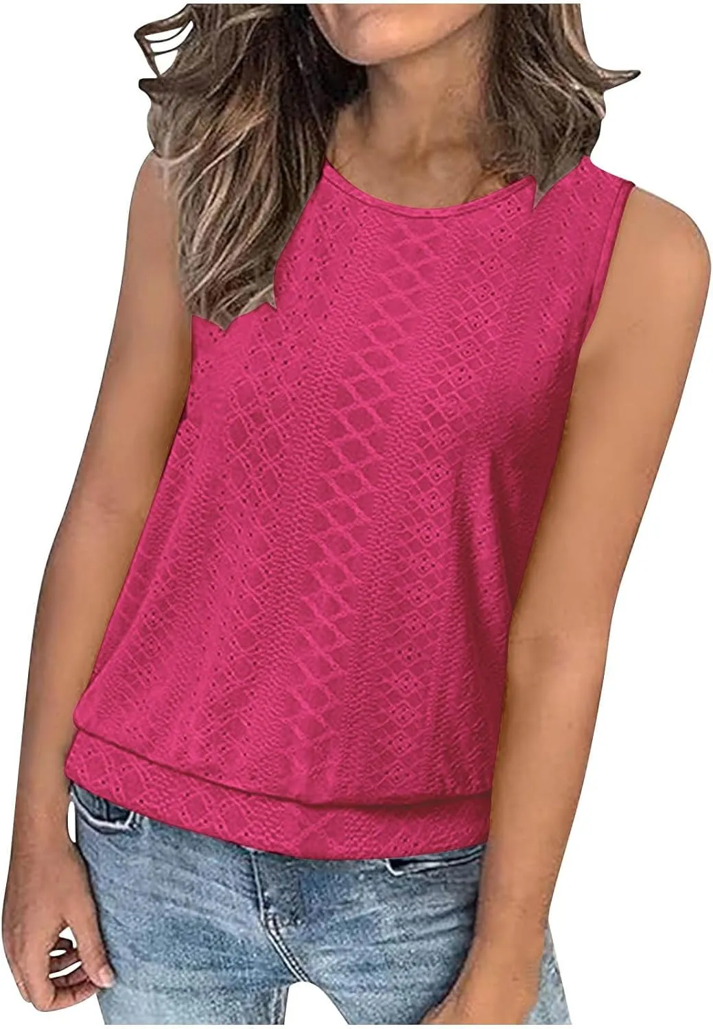 JOAU Womens Tank Tops Loose Casual Round Neck Sleeveless Summer Shirts Eyelet Embroidery Blouse Trendy Vacation Clothes 2025