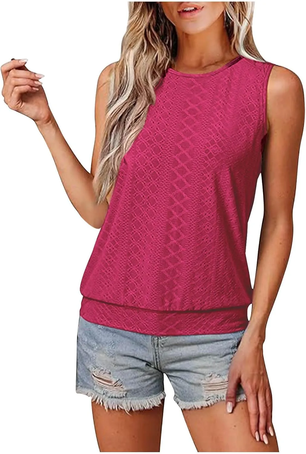 JOAU Womens Tank Tops Loose Casual Round Neck Sleeveless Summer Shirts Eyelet Embroidery Blouse Trendy Vacation Clothes 2025