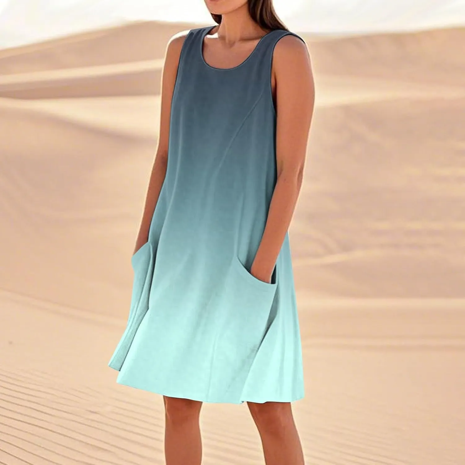 Kenvina Summer Dresses for Women Sleeveless Sundress Printed Round Neck Tank Dress Loose Beach Vacation Dress with Pockets
