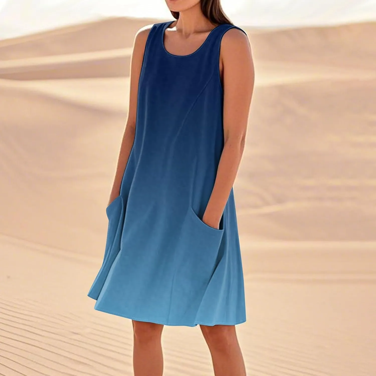 Kenvina Summer Dresses for Women Sleeveless Sundress Printed Round Neck Tank Dress Loose Beach Vacation Dress with Pockets