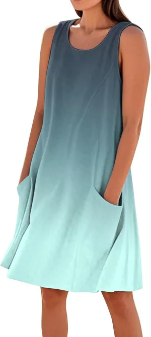 Kenvina Summer Dresses for Women Sleeveless Sundress Printed Round Neck Tank Dress Loose Beach Vacation Dress with Pockets