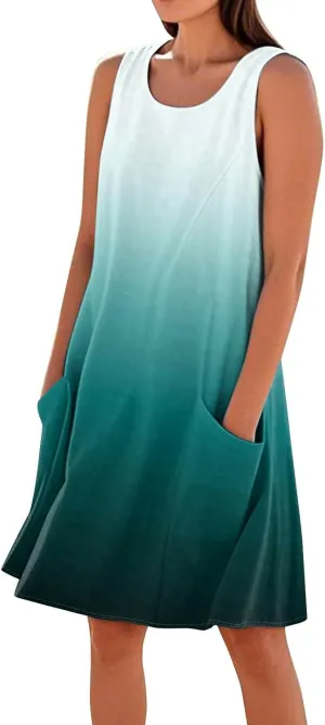 Kenvina Summer Dresses for Women Sleeveless Sundress Printed Round Neck Tank Dress Loose Beach Vacation Dress with Pockets