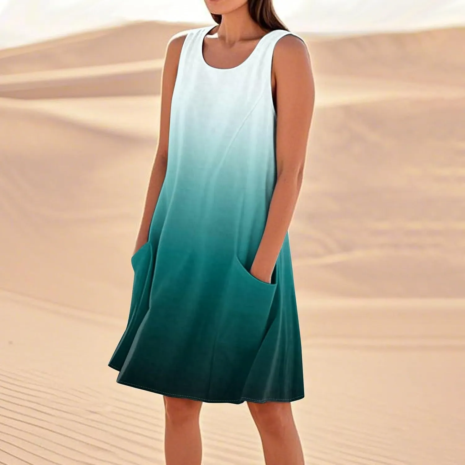 Kenvina Summer Dresses for Women Sleeveless Sundress Printed Round Neck Tank Dress Loose Beach Vacation Dress with Pockets