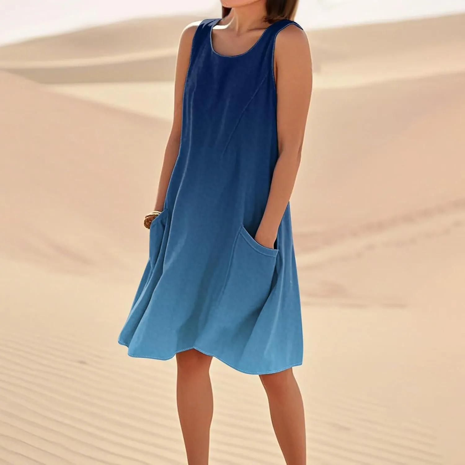 Kenvina Summer Dresses for Women Sleeveless Sundress Printed Round Neck Tank Dress Loose Beach Vacation Dress with Pockets