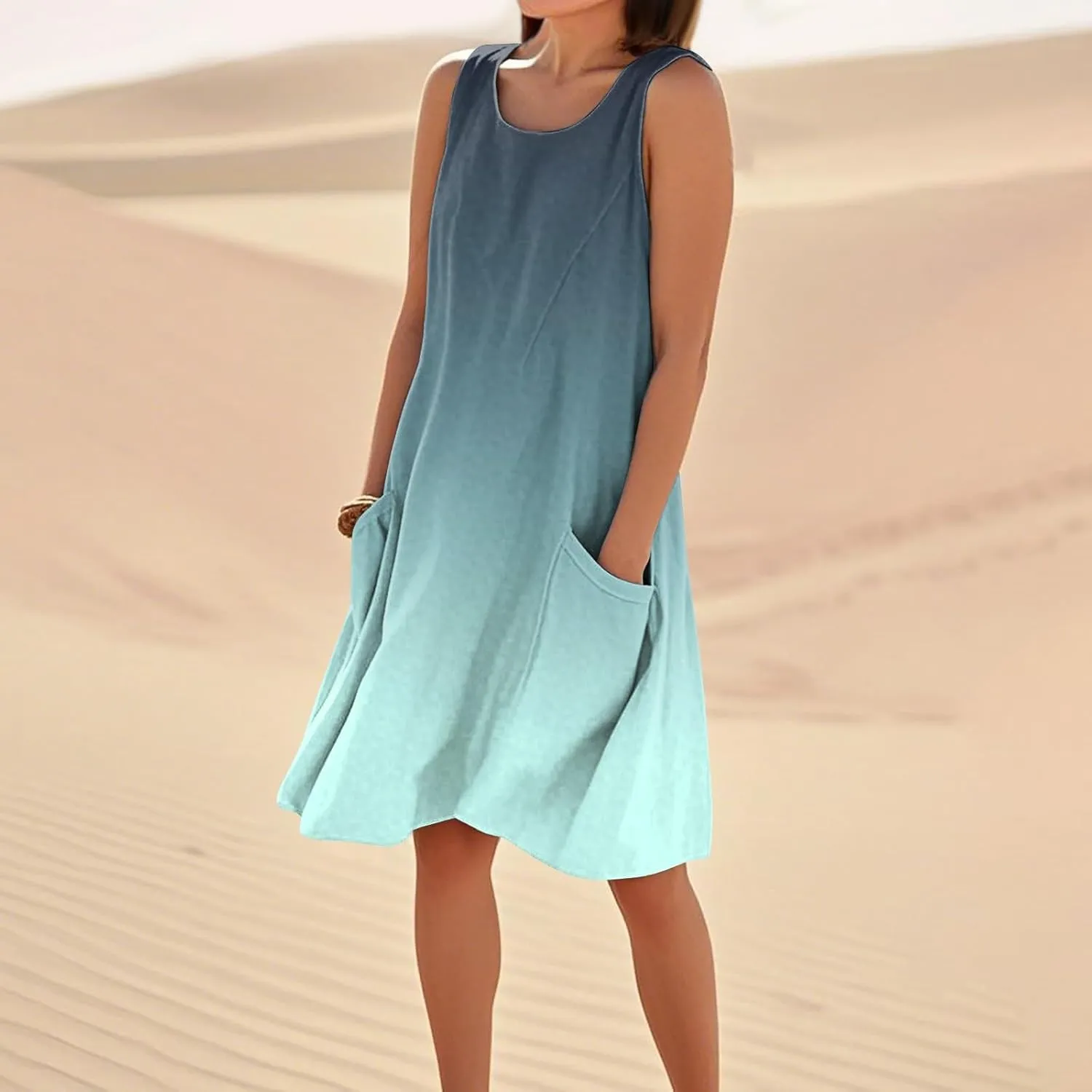 Kenvina Summer Dresses for Women Sleeveless Sundress Printed Round Neck Tank Dress Loose Beach Vacation Dress with Pockets
