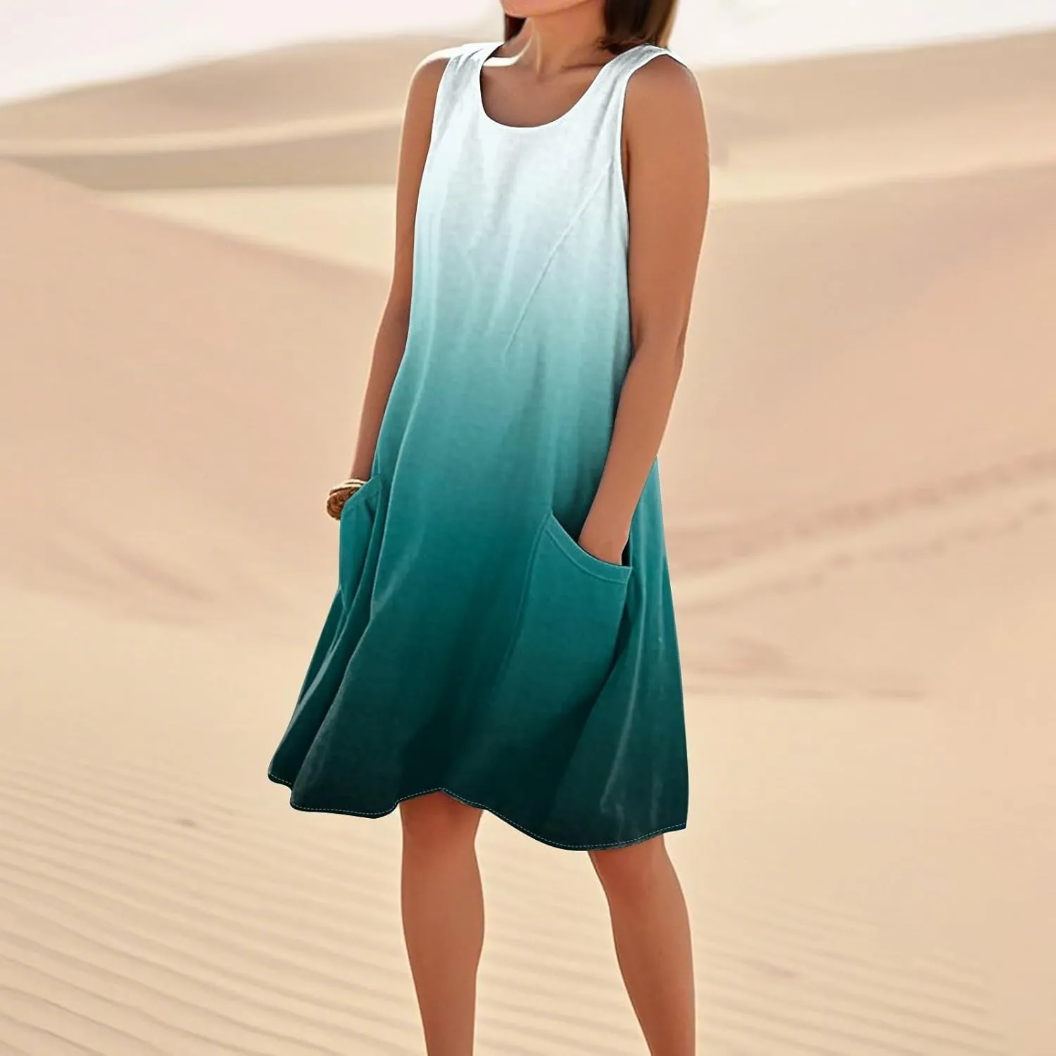 Kenvina Summer Dresses for Women Sleeveless Sundress Printed Round Neck Tank Dress Loose Beach Vacation Dress with Pockets
