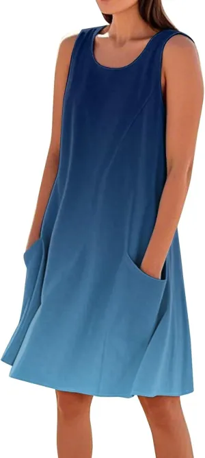Kenvina Summer Dresses for Women Sleeveless Sundress Printed Round Neck Tank Dress Loose Beach Vacation Dress with Pockets