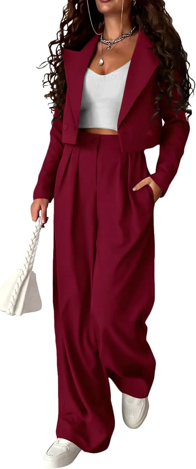 KIRUNDO Women's Two Piece Outfits Business Casual Cropped Blazer Jackets and Wide Leg Pants Suit Sets Work Clothes