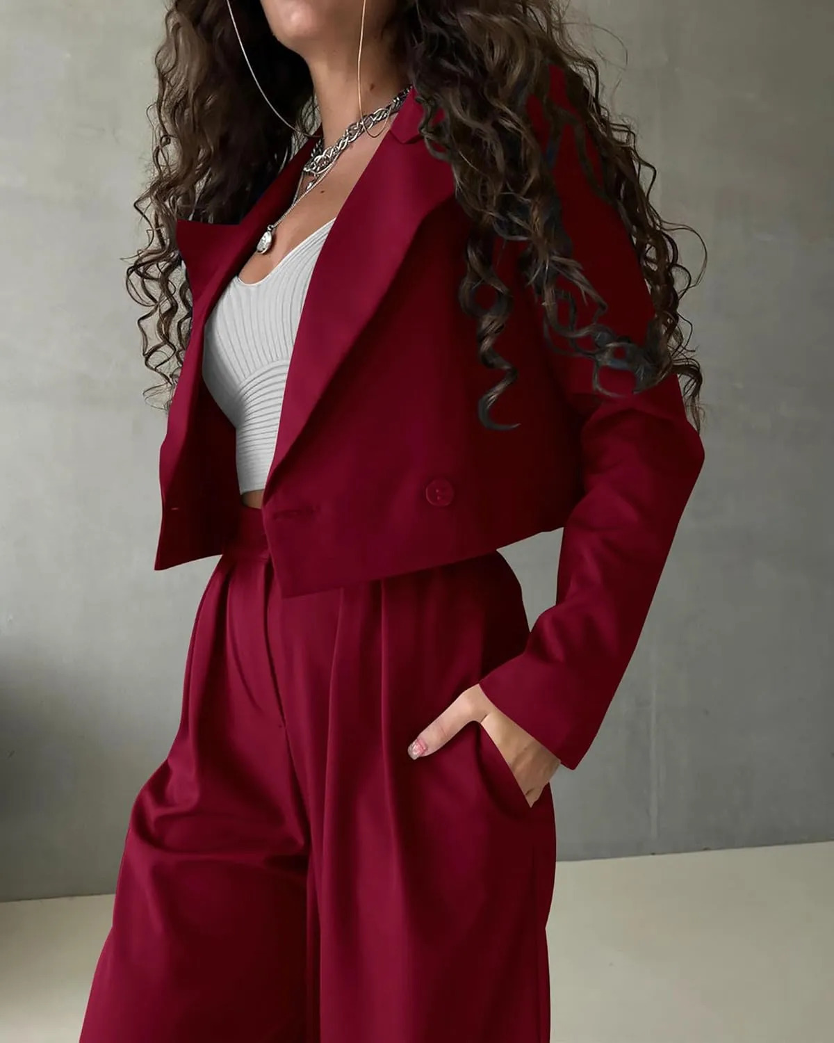 KIRUNDO Women's Two Piece Outfits Business Casual Cropped Blazer Jackets and Wide Leg Pants Suit Sets Work Clothes