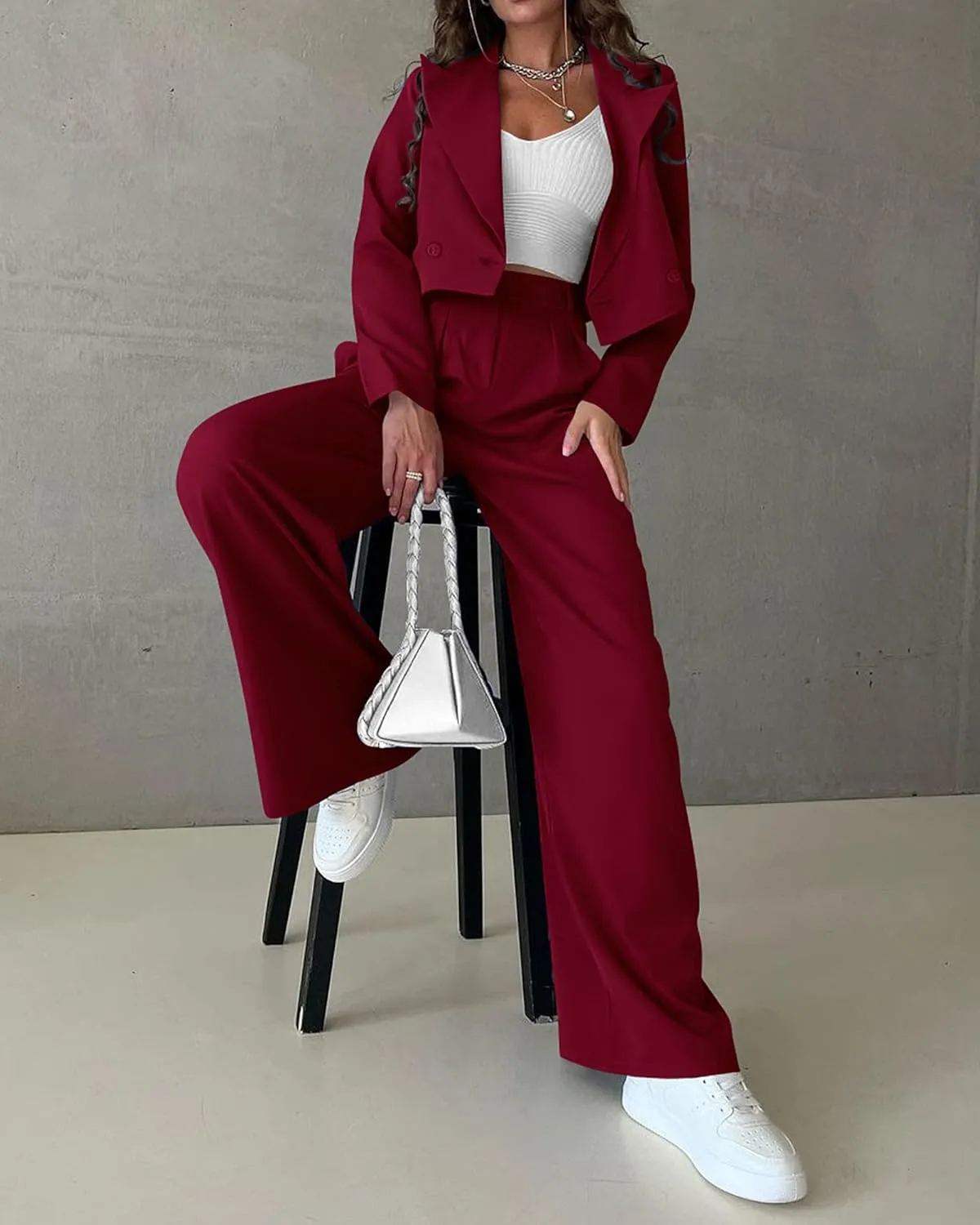 KIRUNDO Women's Two Piece Outfits Business Casual Cropped Blazer Jackets and Wide Leg Pants Suit Sets Work Clothes