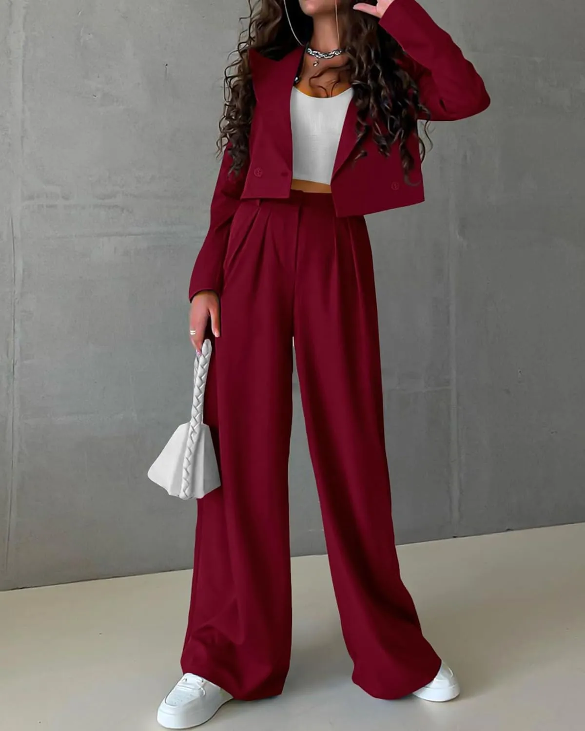 KIRUNDO Women's Two Piece Outfits Business Casual Cropped Blazer Jackets and Wide Leg Pants Suit Sets Work Clothes