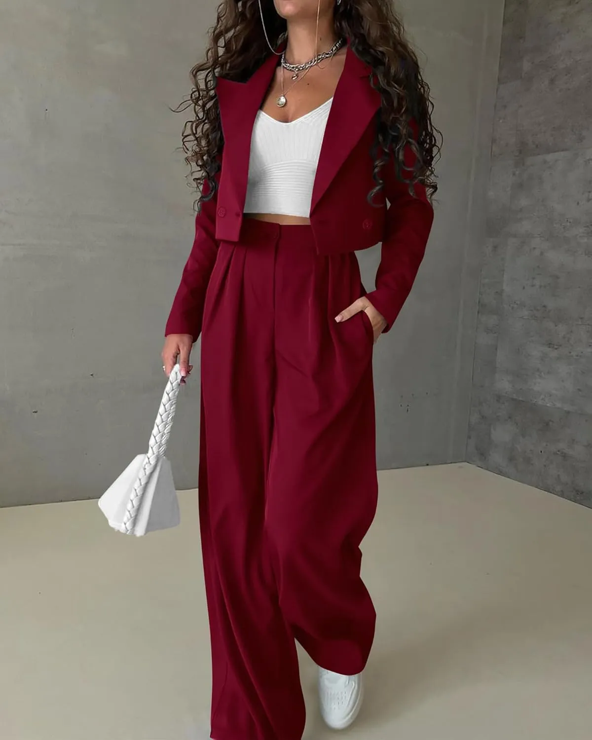KIRUNDO Women's Two Piece Outfits Business Casual Cropped Blazer Jackets and Wide Leg Pants Suit Sets Work Clothes