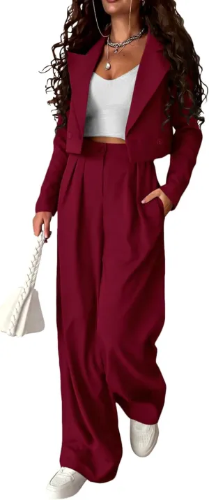 KIRUNDO Women's Two Piece Outfits Business Casual Cropped Blazer Jackets and Wide Leg Pants Suit Sets Work Clothes