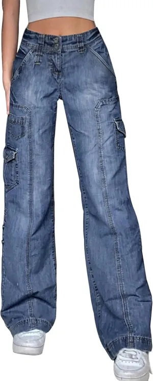 Kisswow Straight Leg Jeans Cargo Pants Women Elastic Waist Denim Pants Girls