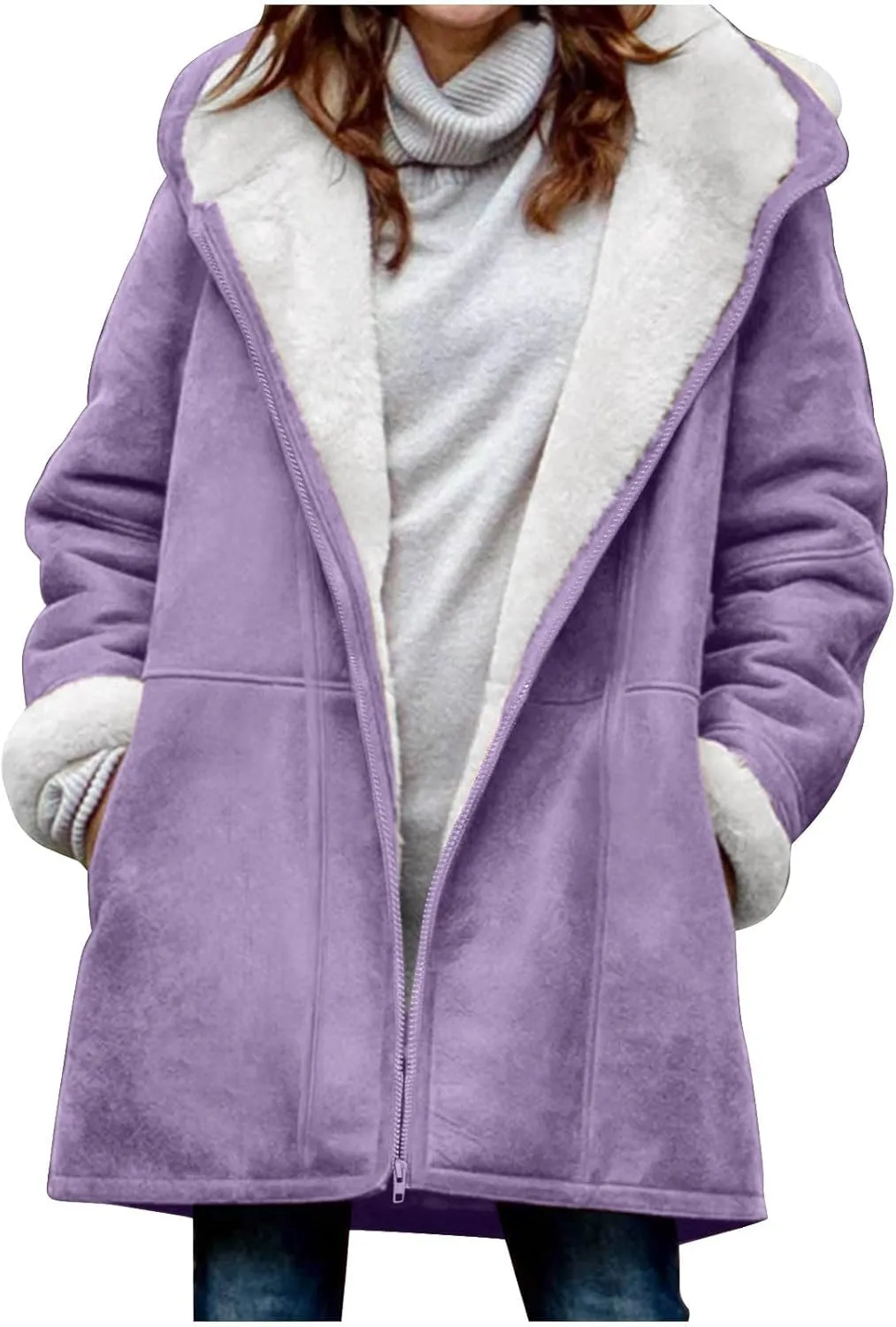 Kubbon Womens Sherpa Lined Jacket Fall Winter Fashion Fuzzy Fleece Lined Faux Suede Coat Hooded Distressed Jackets Outerwear
