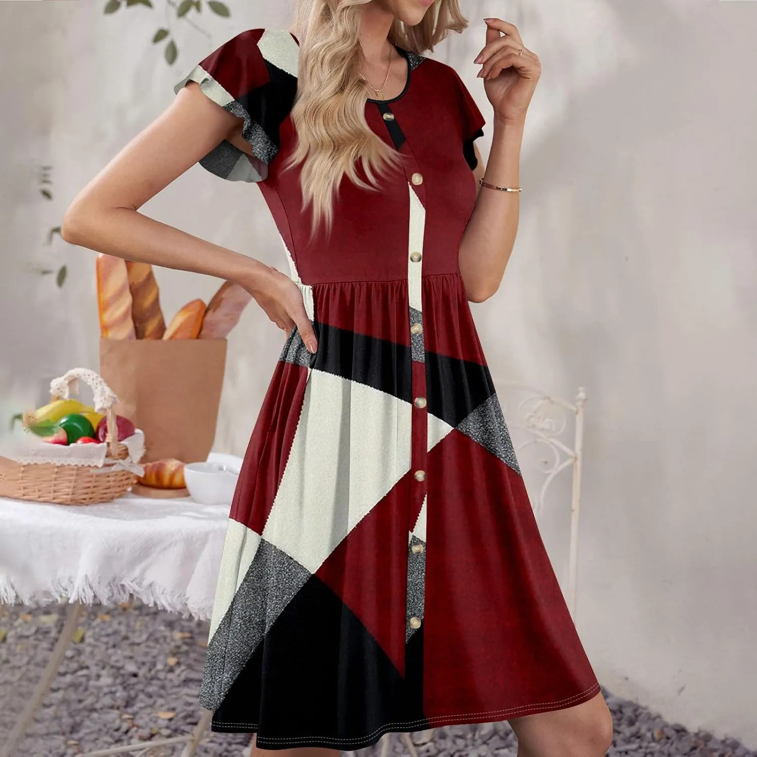 Ladies Daily Round Neck Dress Fly Sleeve Casual Printed 2025 Fashion Button Pocket Sexy Midi Loose Fit Party Dresses