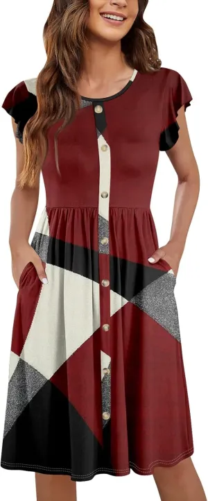 Ladies Daily Round Neck Dress Fly Sleeve Casual Printed 2025 Fashion Button Pocket Sexy Midi Loose Fit Party Dresses
