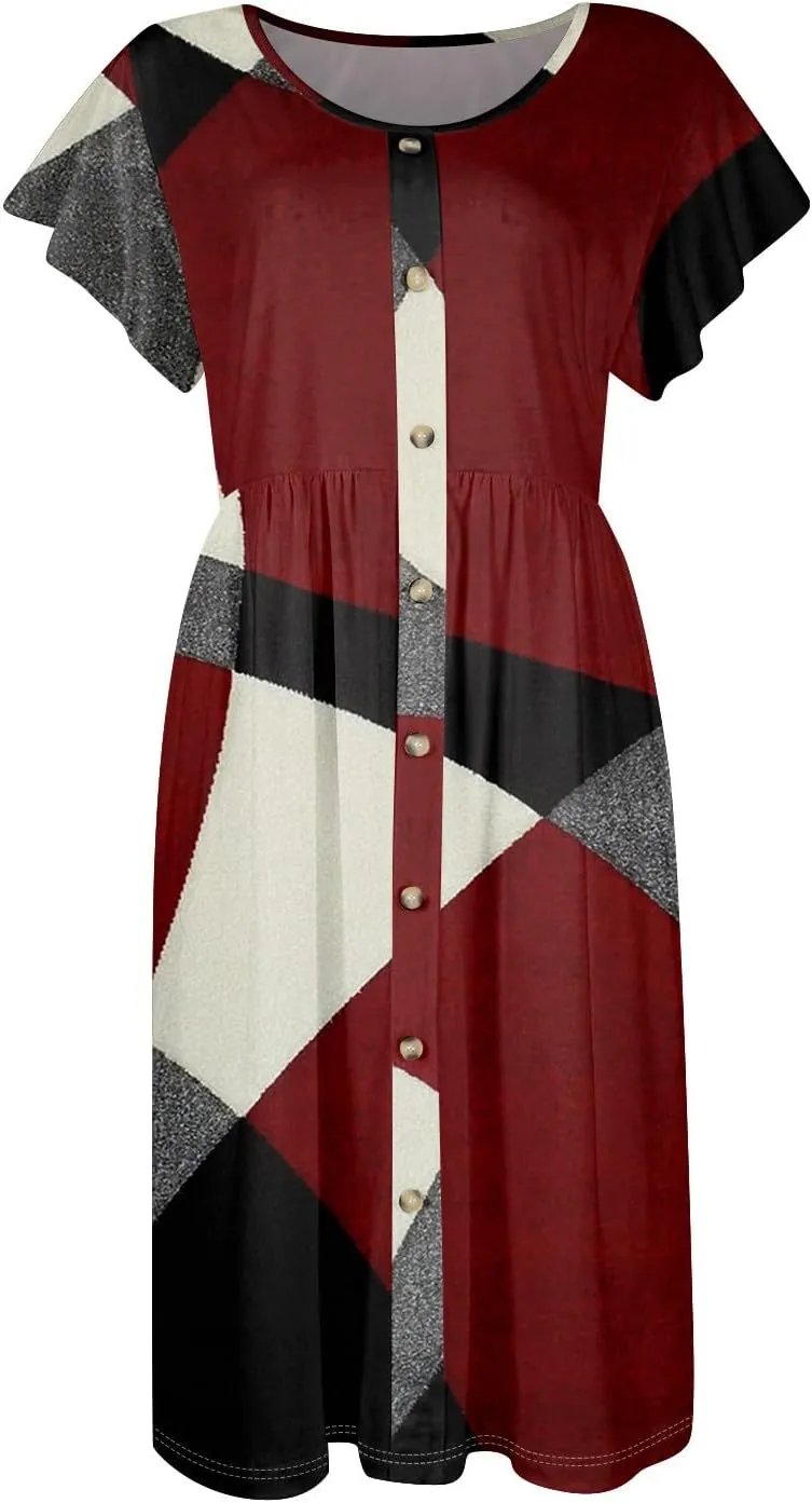 Ladies Daily Round Neck Dress Fly Sleeve Casual Printed 2025 Fashion Button Pocket Sexy Midi Loose Fit Party Dresses