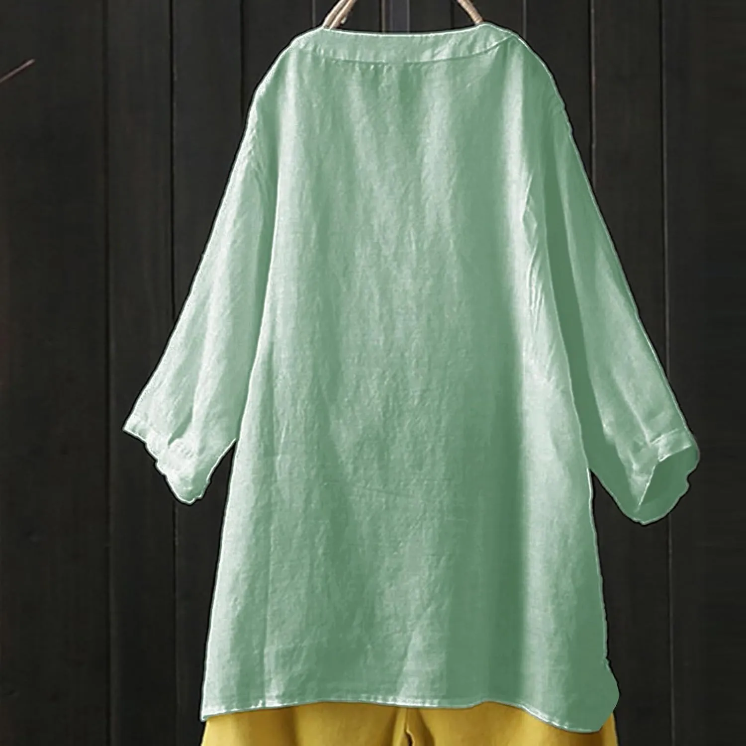 Linen Cotton Womens Long Sleeve Shirts Casual Oversized 3/4 Length Sleeve Round Neck Loose Fit Tees