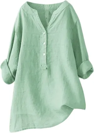 Linen Cotton Womens Long Sleeve Shirts Casual Oversized 3/4 Length Sleeve Round Neck Loose Fit Tees