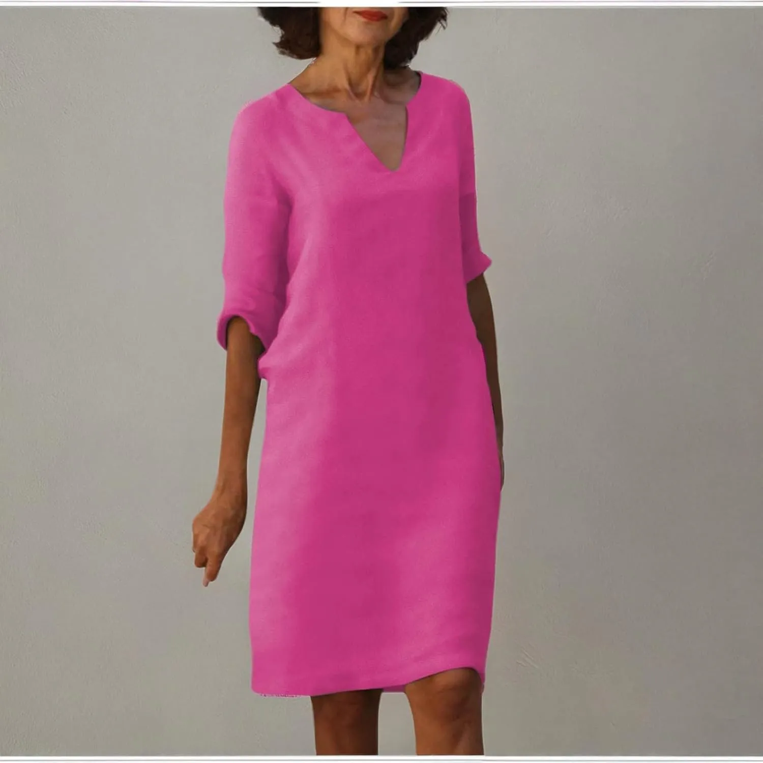 Linen Dresses for Women 2025 Casual Summer 3/4 Sleeve V Neck Knee Length Dress Mini Cruise Beach Vacation Sun Dresses