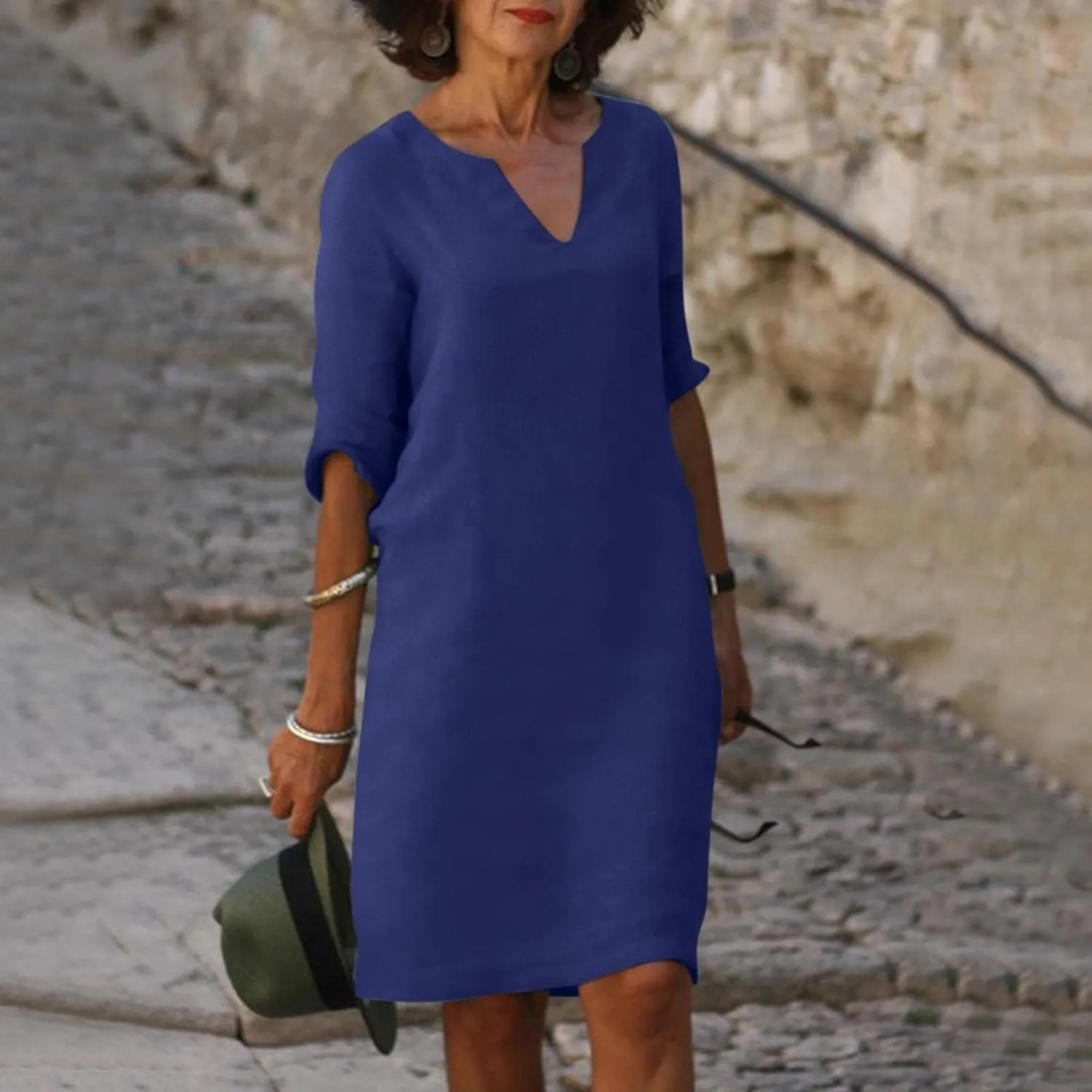 Linen Dresses for Women 2025 Casual Summer 3/4 Sleeve V Neck Knee Length Dress Mini Cruise Beach Vacation Sun Dresses