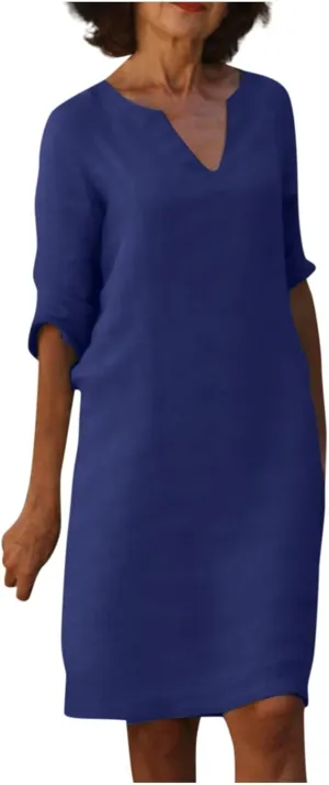 Linen Dresses for Women 2025 Casual Summer 3/4 Sleeve V Neck Knee Length Dress Mini Cruise Beach Vacation Sun Dresses