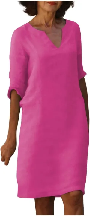 Linen Dresses for Women 2025 Casual Summer 3/4 Sleeve V Neck Knee Length Dress Mini Cruise Beach Vacation Sun Dresses