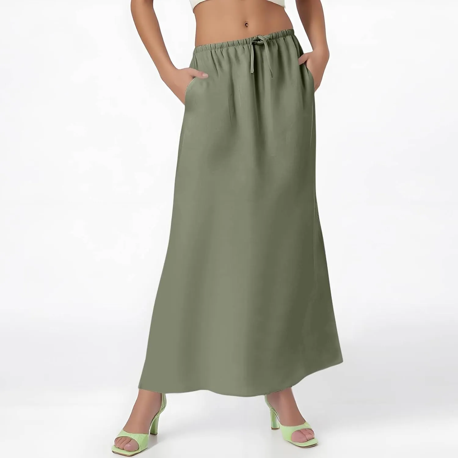 Linen Maxi Skirts for Women 2025 Summer Drawstring Low Rise A Line Skirts Cute Comfy Vacation Boho Long Fishtail Skirt
