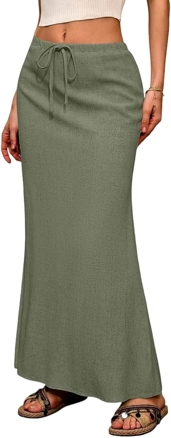 Linen Maxi Skirts for Women 2025 Summer Drawstring Low Rise A Line Skirts Cute Comfy Vacation Boho Long Fishtail Skirt