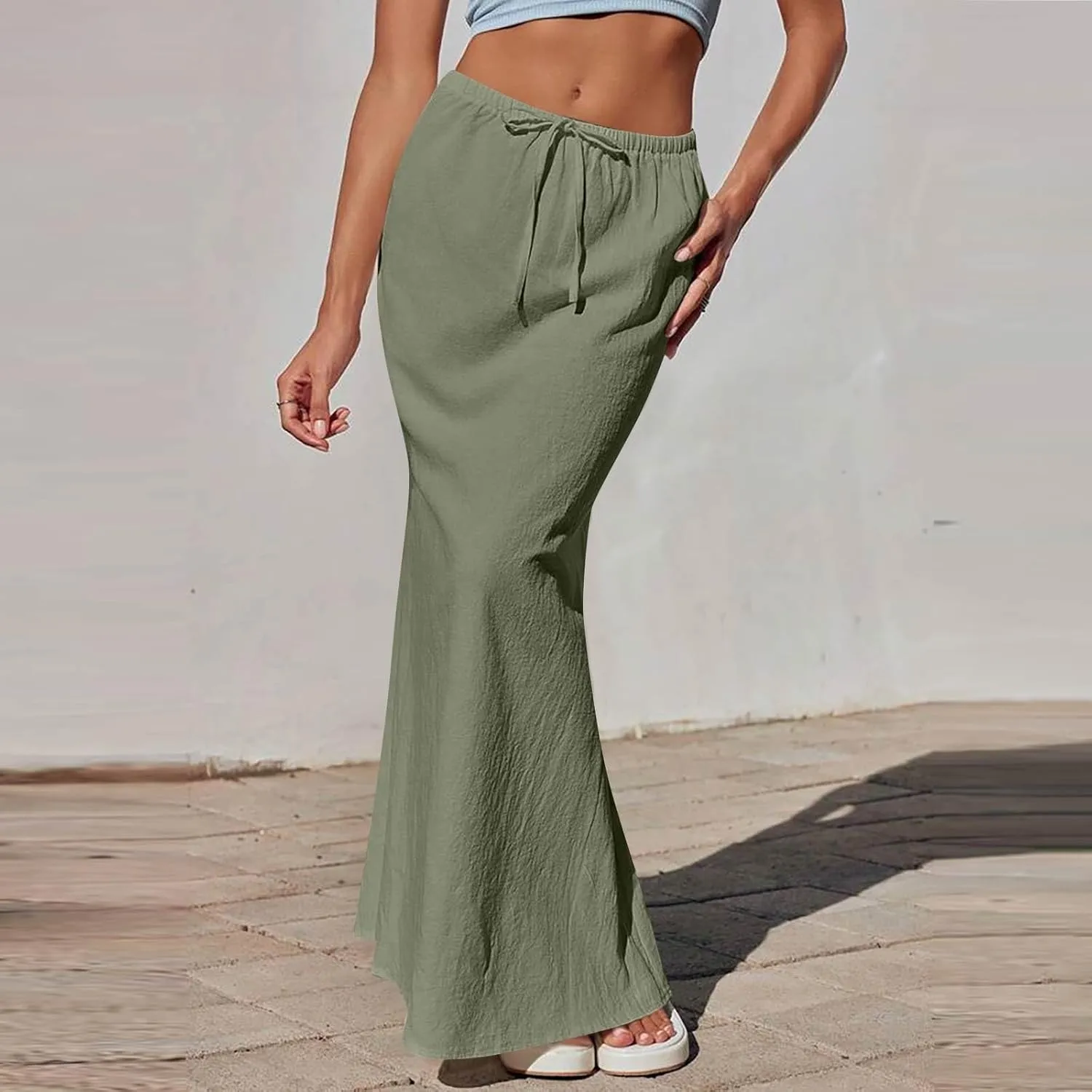 Linen Maxi Skirts for Women 2025 Summer Drawstring Low Rise A Line Skirts Cute Comfy Vacation Boho Long Fishtail Skirt