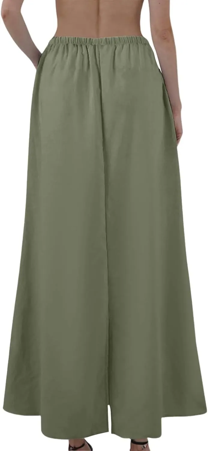 Linen Maxi Skirts for Women 2025 Summer Drawstring Low Rise A Line Skirts Cute Comfy Vacation Boho Long Fishtail Skirt