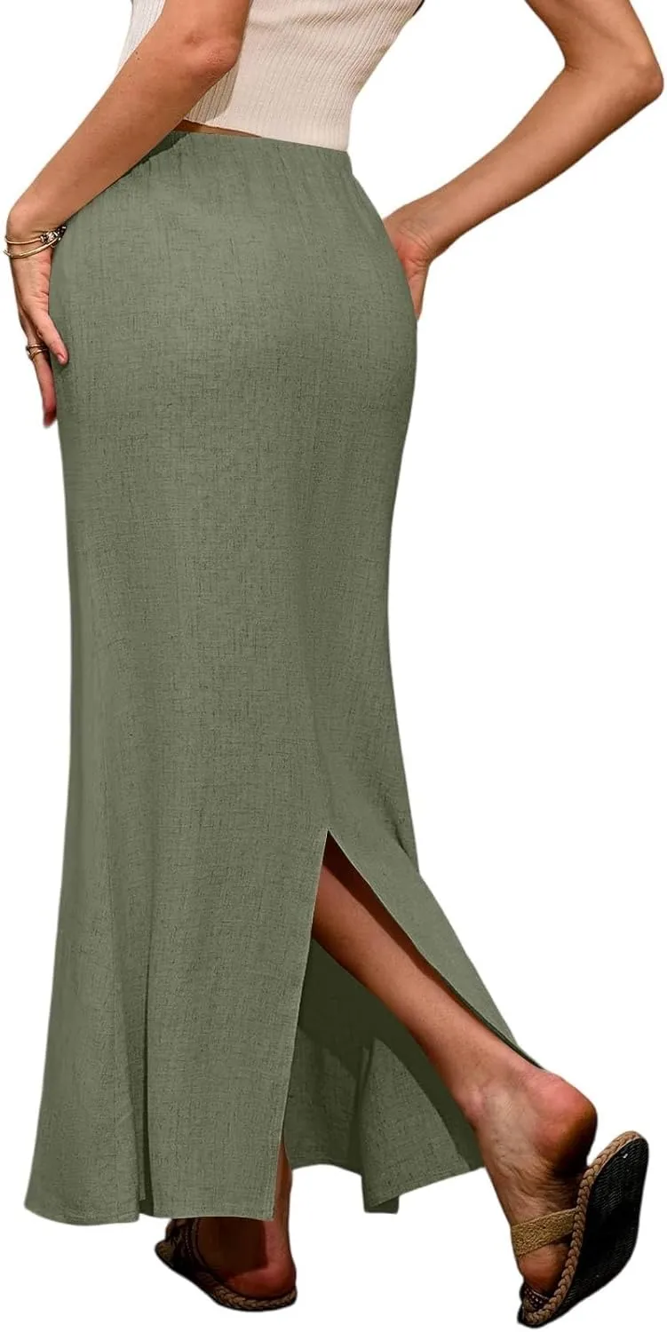 Linen Maxi Skirts for Women 2025 Summer Drawstring Low Rise A Line Skirts Cute Comfy Vacation Boho Long Fishtail Skirt